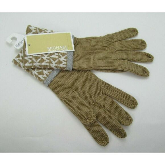 Michael Kors Acrylic Gloves Tan White Gray w/Fold-over Logo Cuffs One Size - Picture 1 of 5